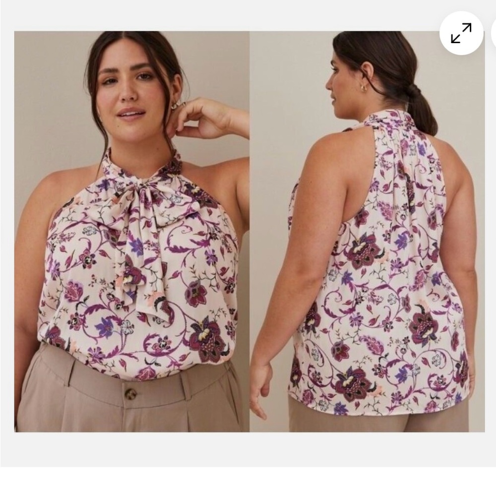 TORRID Size 2X Pink Floral Tie Neck Halter Satin Top Sleeveless Career Event